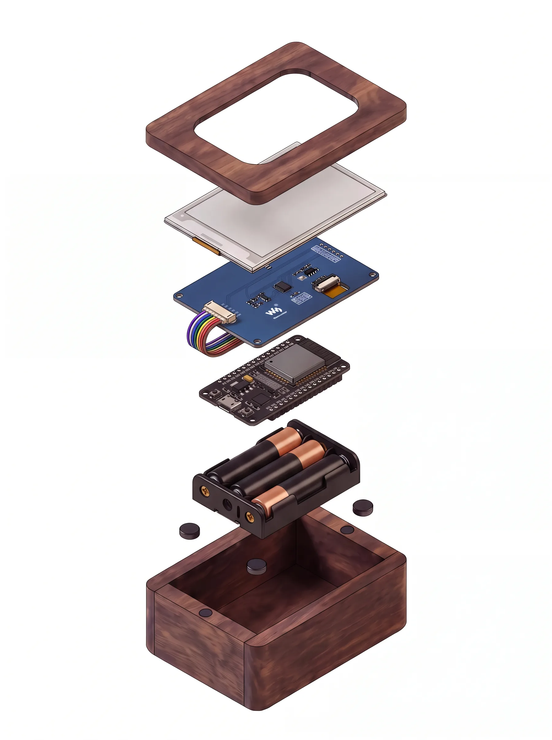 Vue éclatée de Métronome : cadre en noyer, écran e-ink, carte Waveshare, nappe, ESP32, piles, aimants et coque